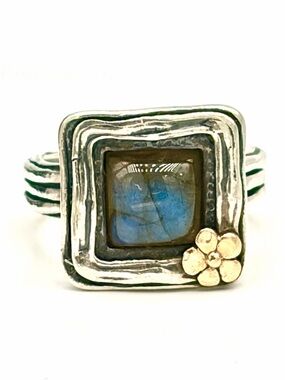 Didae Labradorite Square Ring with 14k Gold Accent, Sterling Silver - Blue Green